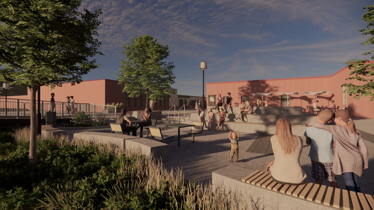 Vy över soltrappan vid Porsö centrum. Illustration: aochd arkitekter