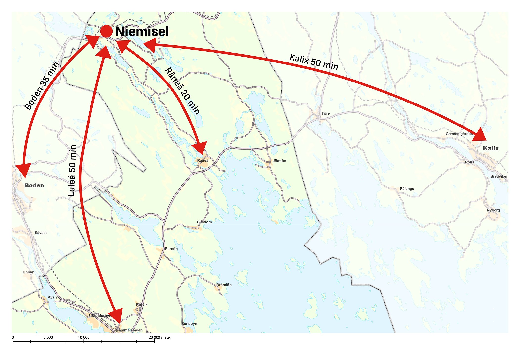 Map with distances to Boden, Luleå, Råneå and Kalix.