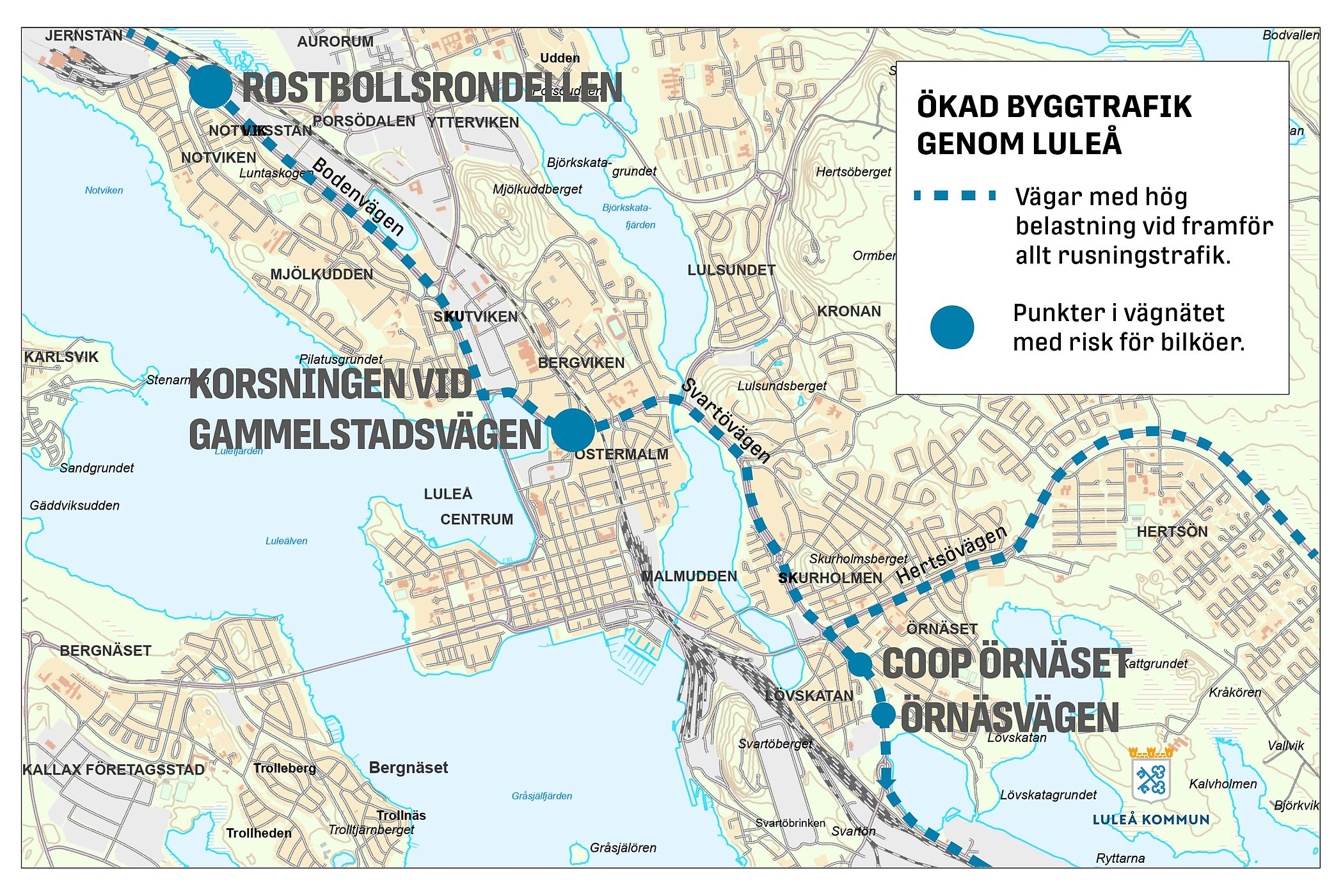 Karta som visar vägar och korsningar genom Luleå där det finns risk för köbildning under rusningstrafik morgon och eftermiddag.